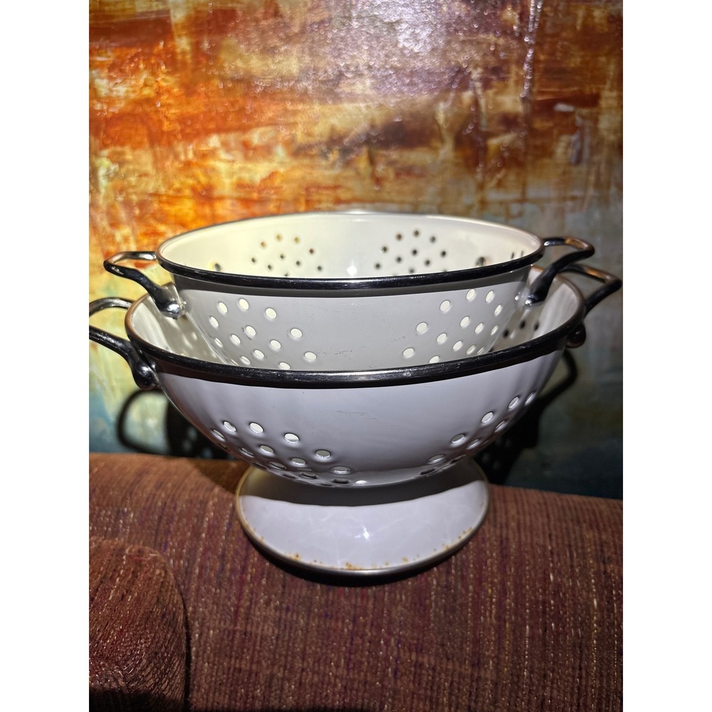 Vintage White Enamel Colander Set of 2 Nesting Pedestal Strainers Chrome Handles